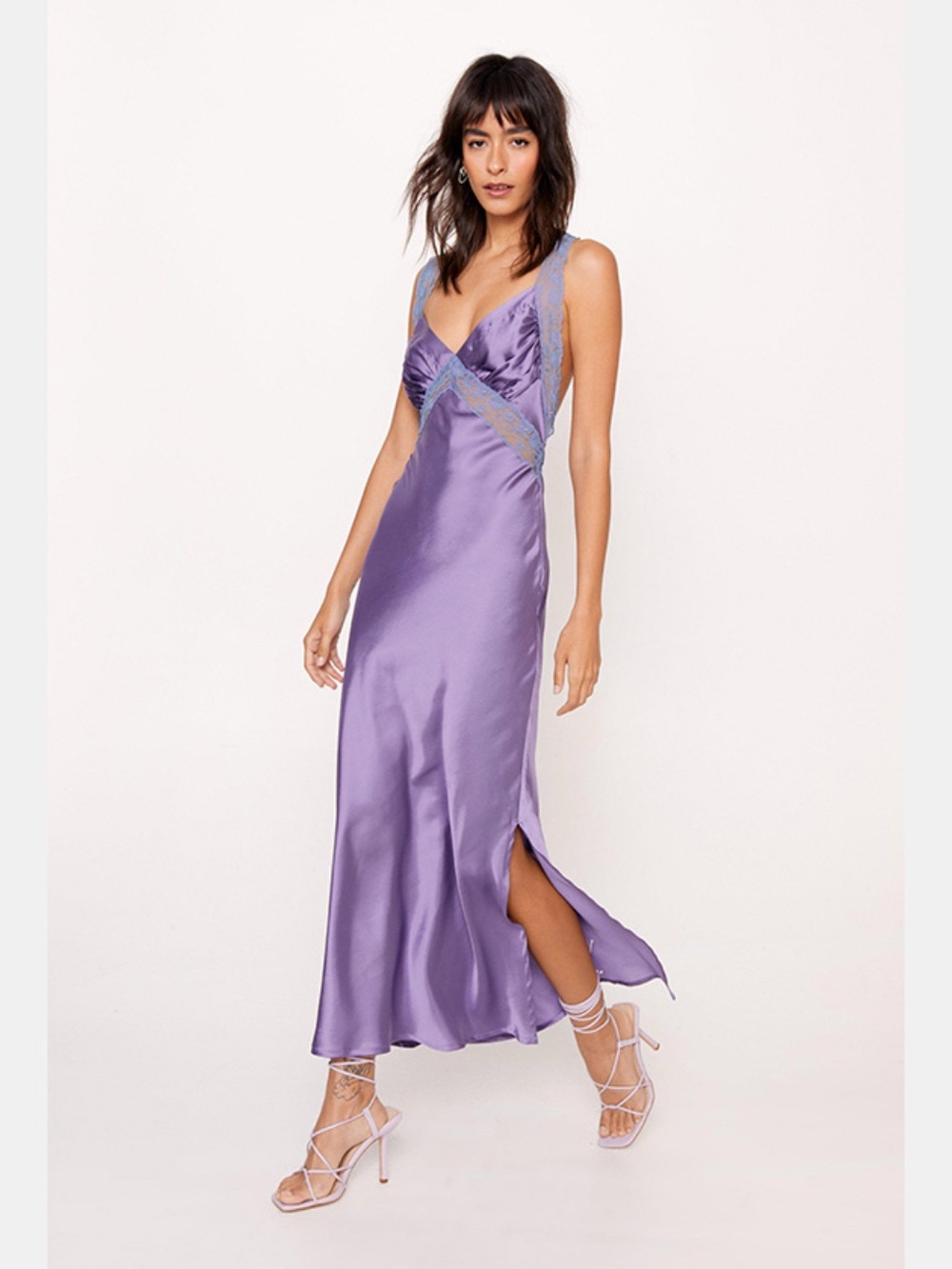 Nasty Gal Lavender Satin Slip Maxi Dress with Lace Trim